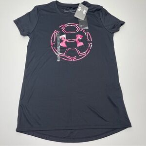 NEW Girl's Under Armour HeatGear Soccer Graphic Tee (Black / Pink) Youth XL
